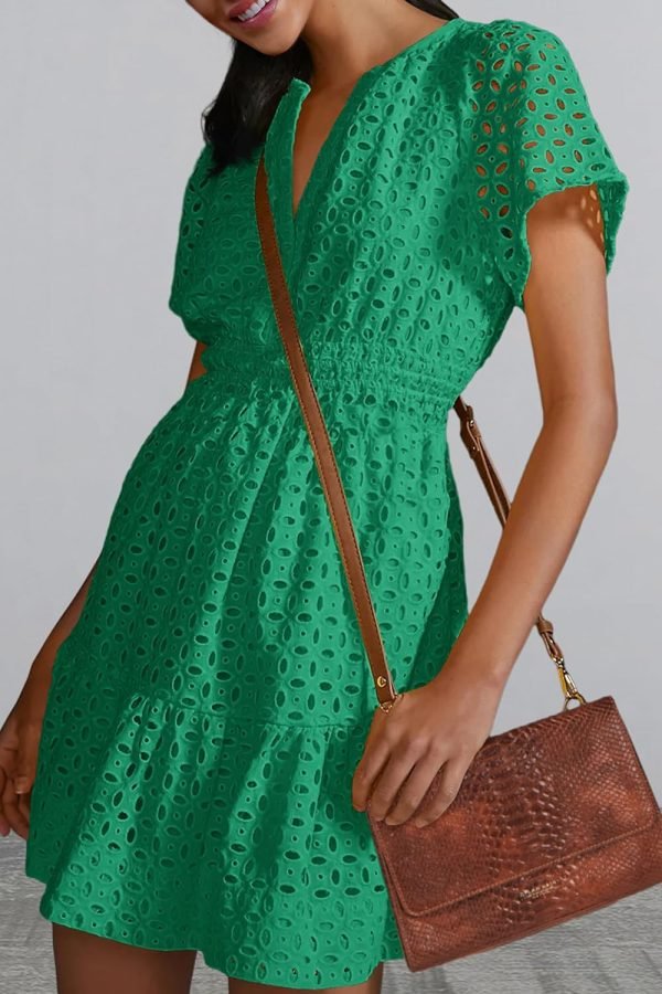 Saonta  Womens 2024 Summer Short Dress V Neck Short Sleeve A Line Hollow Out Lace Ruffle Cute Casual Beach Party Dresses