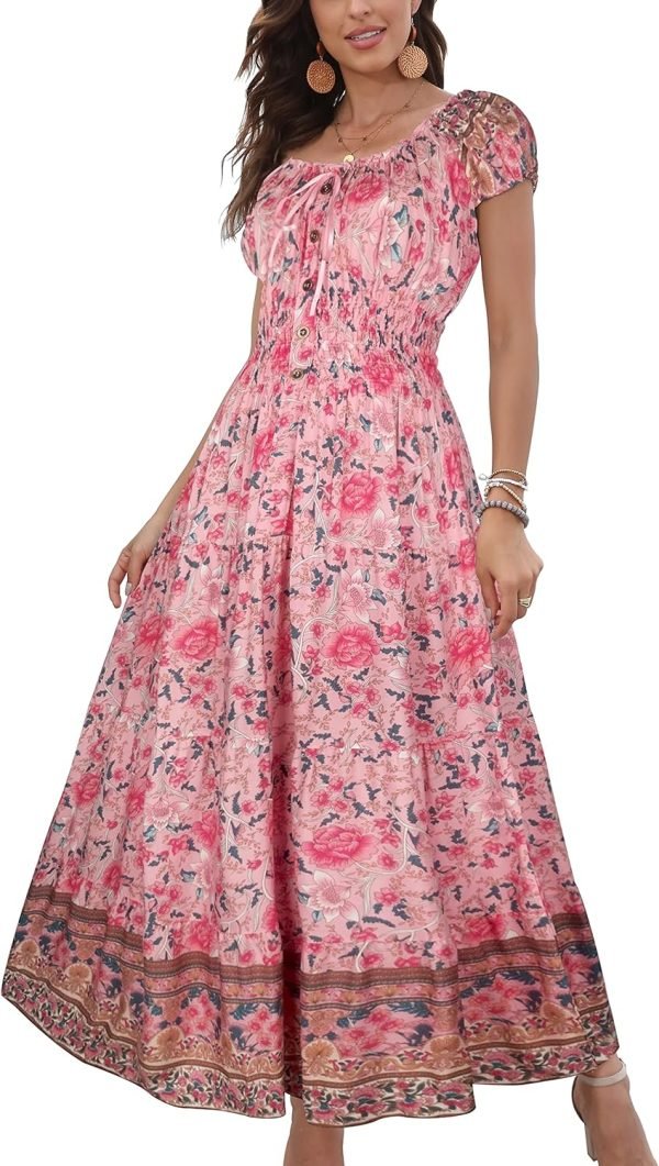 Saonta  Women's 2024 Summer Short Sleeves Boho Floral Print Tiered Casual Flowy Long Maxi Dress
