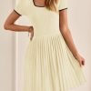 Saonta Women's Ribbed Square Neck Color Block Pleated Mini Dress Short Sleeve A Line Knit Short Dresses