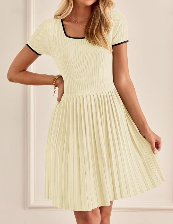 Saonta Women's Ribbed Square Neck Color Block Pleated Mini Dress Short Sleeve A Line Knit Short Dresses