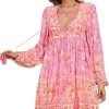 Saonta  Womens Long Sleeve Floral Casual Print Cotton Mini Tunic Dress
