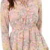 Saonta  K Women's Ruffled Floral Smocked Waist Layered Tiered Chiffon Dress