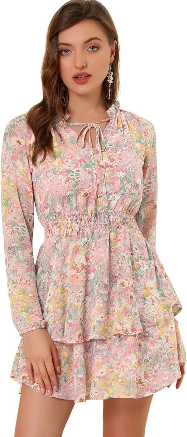 Saonta  K Women's Ruffled Floral Smocked Waist Layered Tiered Chiffon Dress