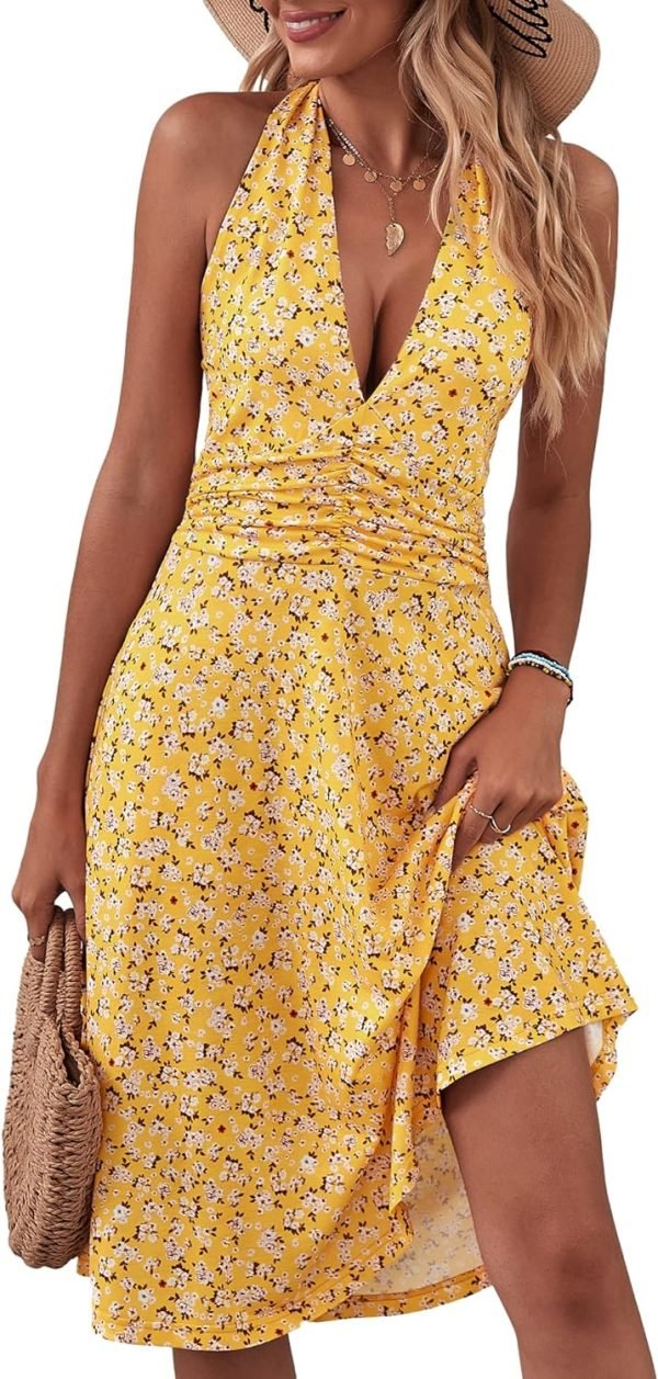 Saonta  Women's Summer Sundress Sleeveless Halter Neck Spring Boho Floral with Pocket Elastic Waist Ruffle Mini Dresses 2024