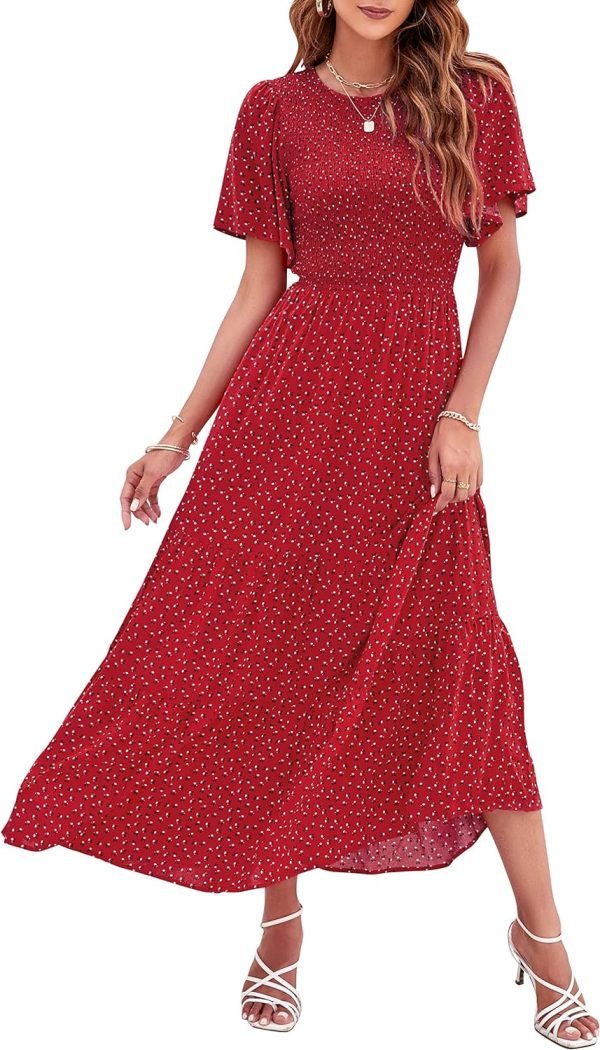 Saonta Women's 2024 Summer Casual Floral Print Short Flutter Sleeve Crew Neck Smocked High Waist Flowy Maxi Dress