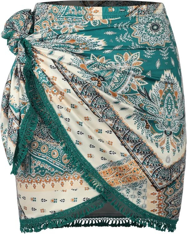 Saonta  Slit Skirt for Women Boho Print Tie Side Wrap Tassel Casual Beach Mini Skirt