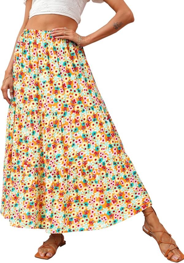 Saonta  Womens 2024 Spring Summer High Waist Boho Floral Maxi Skirt Casual Flowy Swing Pleated A Line Beach Long Skirts