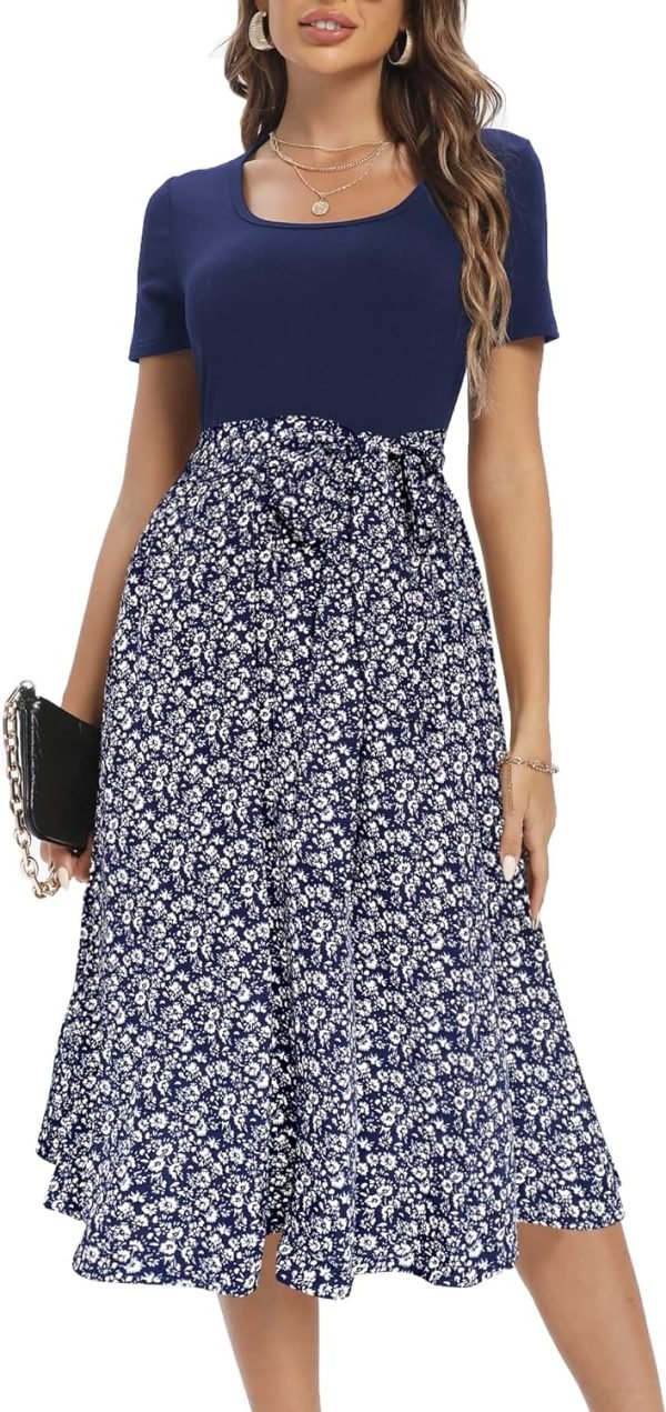 Saonta  Summer Dresses for Women 2024 Short Sleeve Elastic Waist Casual Dresses Ribbed Floral Work Midi Dress with Pockets