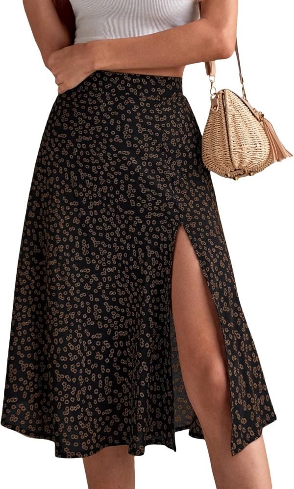 Saonta  Women's Sexy Boho Floral Split Thigh High Waist Swing Midi Skirt