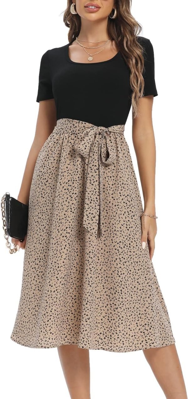 Saonta  Summer Dresses for Women 2024 Short Sleeve Elastic Waist Casual Dresses Ribbed Floral Work Midi Dress with Pockets