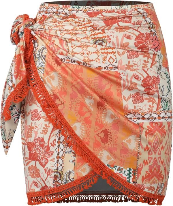 Saonta  Slit Skirt for Women Boho Print Tie Side Wrap Tassel Casual Beach Mini Skirt