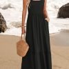 Saonta Women's 2024 Summer Sleeveless Dress Square Neck Pleated Swing Casual Maxi Dresses with Pockets