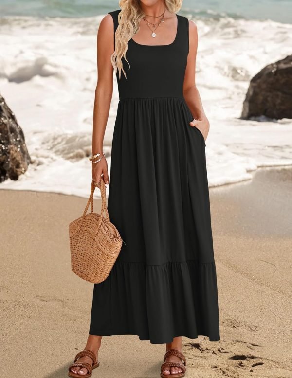 Saonta Women's 2024 Summer Sleeveless Dress Square Neck Pleated Swing Casual Maxi Dresses with Pockets