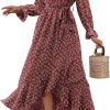 Saonta  Women Long Sleeve Wrap Maxi Dress V Neck Boho Floral High Waist Flowy Ruffle 2024 Spring Summer Dresses with Belt