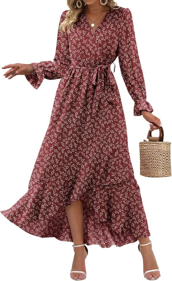 Saonta  Women Long Sleeve Wrap Maxi Dress V Neck Boho Floral High Waist Flowy Ruffle 2024 Spring Summer Dresses with Belt