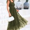 Saonta Womens 2024 Summer Casual Sleeveless Smocked Ruffle Tulle Flowy Beach Sundress