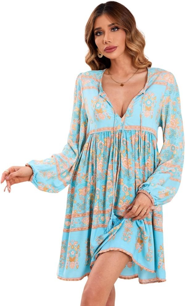 Saonta  Womens Long Sleeve Floral Casual Print Cotton Mini Tunic Dress