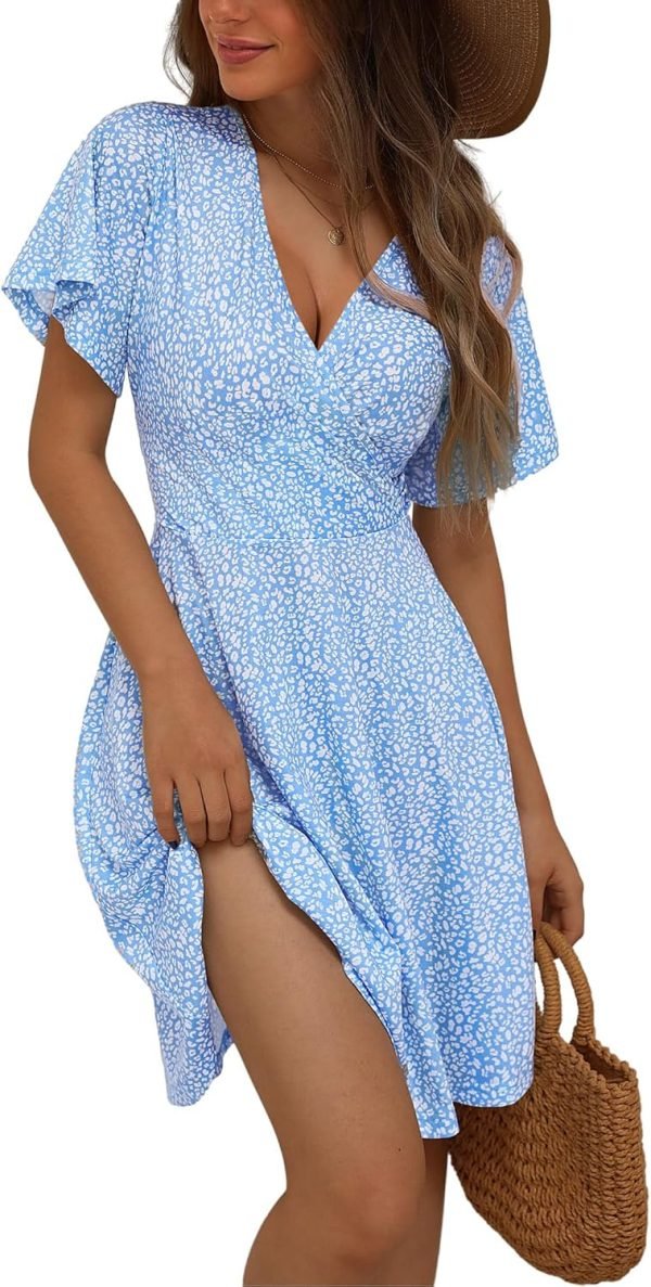 Saonta  Womens Sundress Summer Floral Short Sleeve Wrap V Neck A-Line Midi Dress