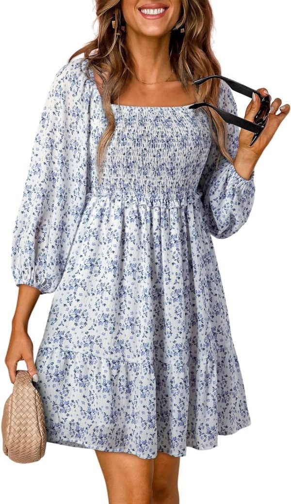 Saonta  Womens Summer Dresses 2024 Boho Floral Square Neck Smocked 3/4 Sleeve Casual A-Line Swing Mini Babydoll Dress