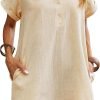 Saonta  Womens Cotton Shirt Dress Summer Casual Short Sleeve Button Down Beach Cover Up Shirts with Pockets
