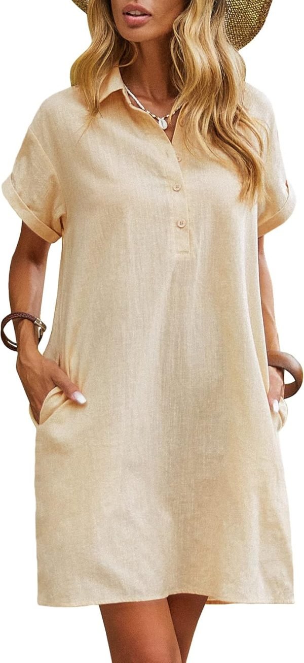 Saonta  Womens Cotton Shirt Dress Summer Casual Short Sleeve Button Down Beach Cover Up Shirts with Pockets