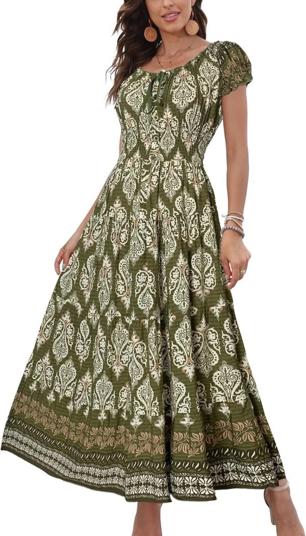 Saonta  Women's 2024 Summer Short Sleeves Boho Floral Print Tiered Casual Flowy Long Maxi Dress