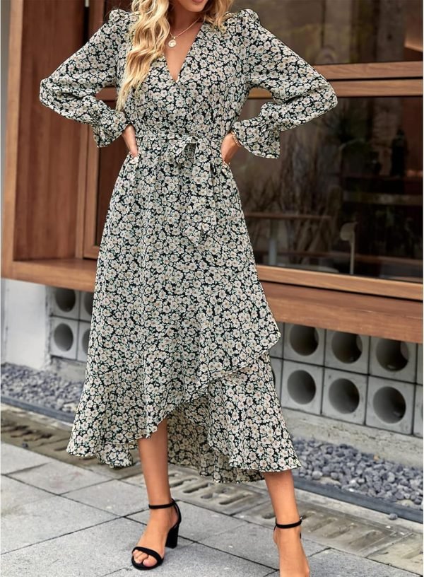 Saonta  Women Long Sleeve Wrap Maxi Dress V Neck Boho Floral High Waist Flowy Ruffle 2024 Spring Summer Dresses with Belt