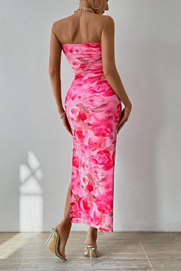 Saonta  Women's Summer Maxi Bodycon Dresses Strapless Tube Top Printed Long Party Club Slit Dress