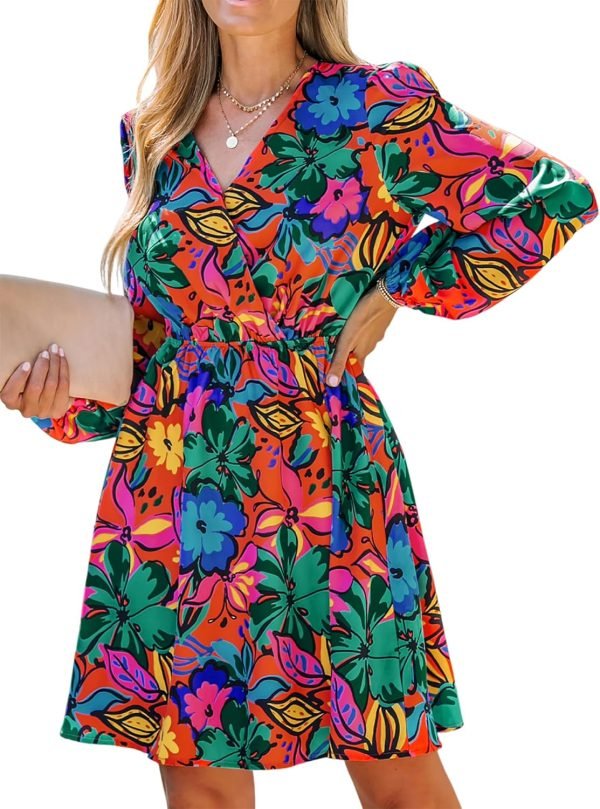 Saonta  Women's Floral Print Chiffon A-Line Mini Dress Long Peasant Sleeves