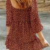 Saonta  Womens Summer Dresses 2024 Boho Floral Square Neck Smocked 3/4 Sleeve Casual A-Line Swing Mini Babydoll Dress