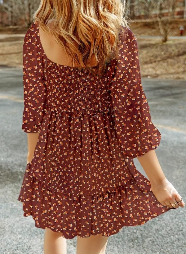 Saonta  Womens Summer Dresses 2024 Boho Floral Square Neck Smocked 3/4 Sleeve Casual A-Line Swing Mini Babydoll Dress