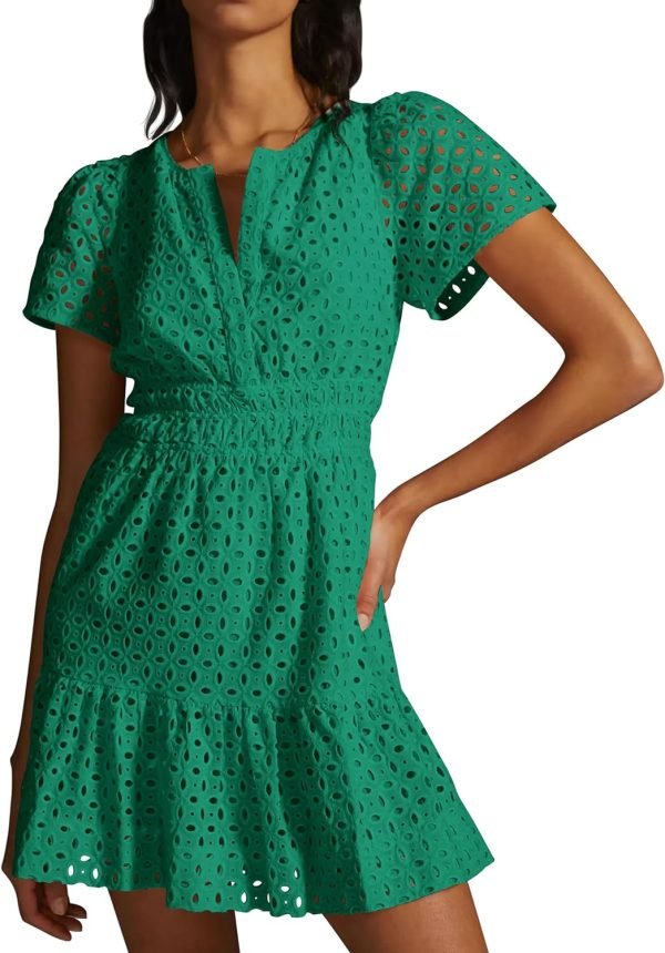 Saonta  Womens 2024 Summer Short Dress V Neck Short Sleeve A Line Hollow Out Lace Ruffle Cute Casual Beach Party Dresses