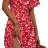 Saonta  Womens Sundress Summer Floral Short Sleeve Wrap V Neck A-Line Midi Dress
