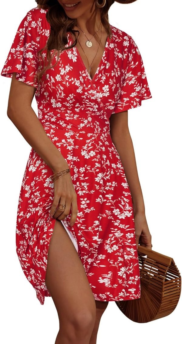 Saonta  Womens Sundress Summer Floral Short Sleeve Wrap V Neck A-Line Midi Dress