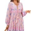 Saonta  Womens Long Sleeve Floral Casual Print Cotton Mini Tunic Dress