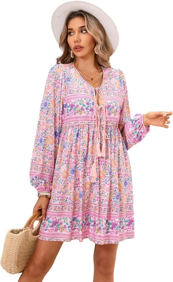 Saonta  Womens Long Sleeve Floral Casual Print Cotton Mini Tunic Dress