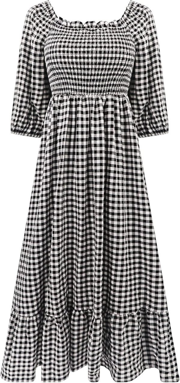 Saonta  Women's Summer Cotton Puff Sleeves Casual Vintage Polka Dots Print Off Shoulder Midi Dress