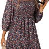 Saonta  Womens Summer Dresses 2024 Boho Floral Square Neck Smocked 3/4 Sleeve Casual A-Line Swing Mini Babydoll Dress