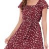 Saonta  K Women's Floral Chiffon Flutter Sleeve Belted Square Neck Ruffled Hem Dress