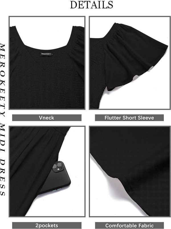 Saonta  Women's Summer Casual V Neck Ruffle Sleeve Smocked High Waist Midi Dress with Pockets