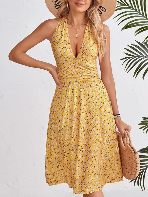 Saonta  Women's Summer Sundress Sleeveless Halter Neck Spring Boho Floral with Pocket Elastic Waist Ruffle Mini Dresses 2024