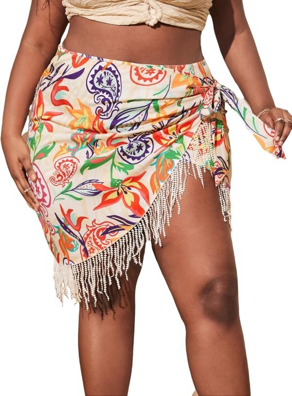 Saonta  Women's Floral Tie Side Wrap Tassel Mini Skirt Cover Up Beach Skirt