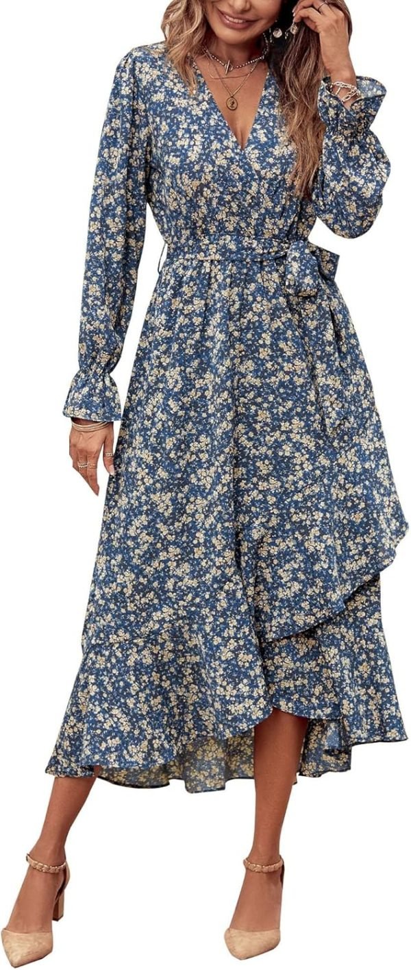 Saonta  Women Long Sleeve Wrap Maxi Dress V Neck Boho Floral High Waist Flowy Ruffle 2024 Spring Summer Dresses with Belt
