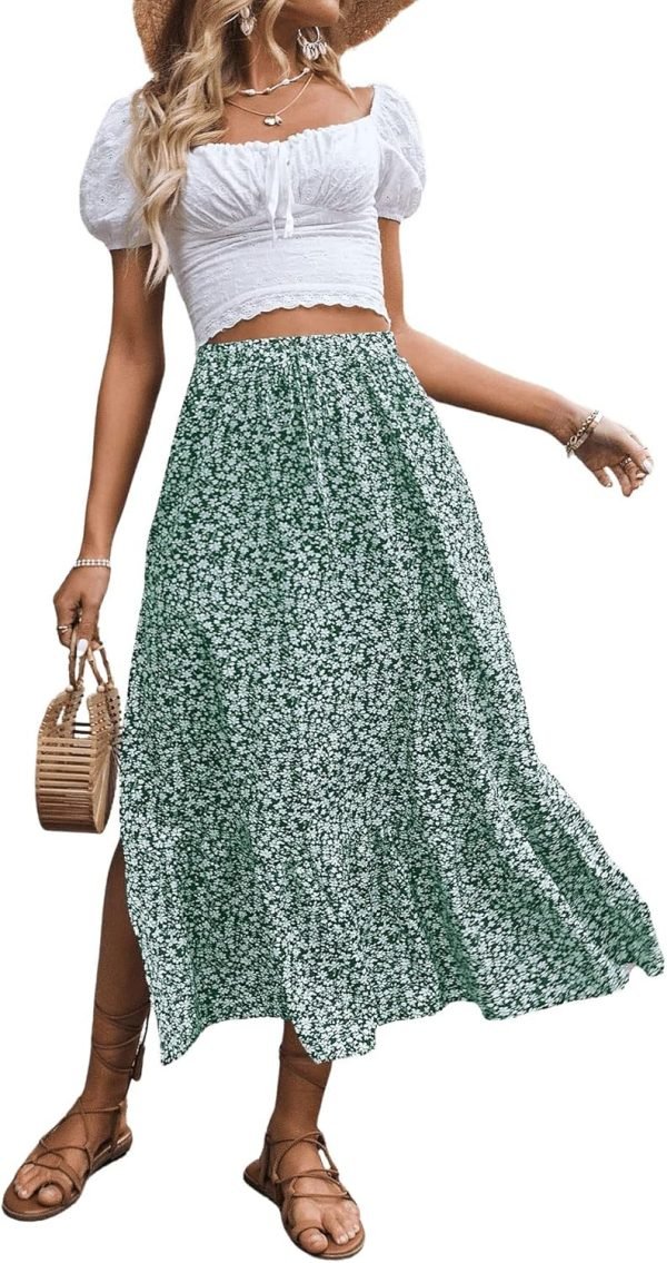 Saonta  Women's Casual High Waist Floral Print Skirt Split Thigh A Line Maxi Skirts