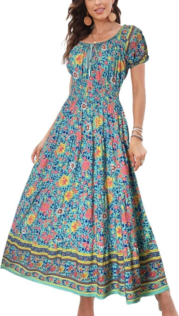 Saonta  Women's 2024 Summer Short Sleeves Boho Floral Print Tiered Casual Flowy Long Maxi Dress