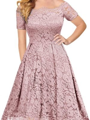 Saonta  Women's Vintage Floral Lace Short Sleeve Boat Neck Cocktail Party Swing Dress