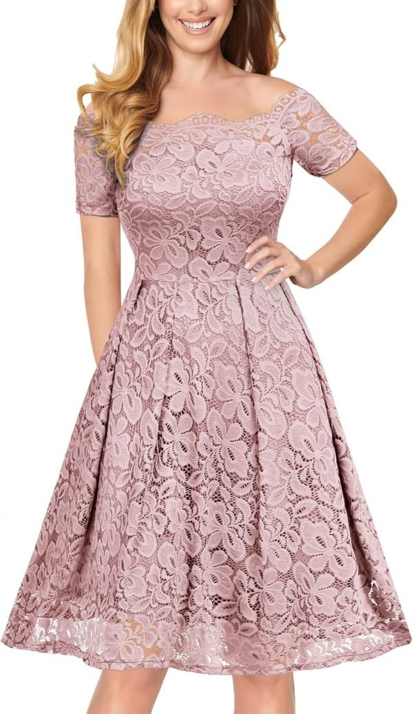 Saonta  Women's Vintage Floral Lace Short Sleeve Boat Neck Cocktail Party Swing Dress