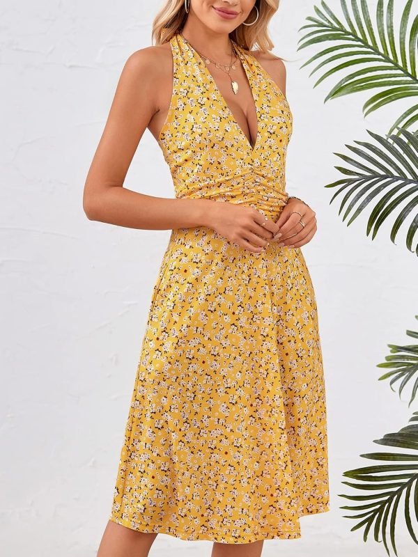 Saonta  Women's Summer Sundress Sleeveless Halter Neck Spring Boho Floral with Pocket Elastic Waist Ruffle Mini Dresses 2024