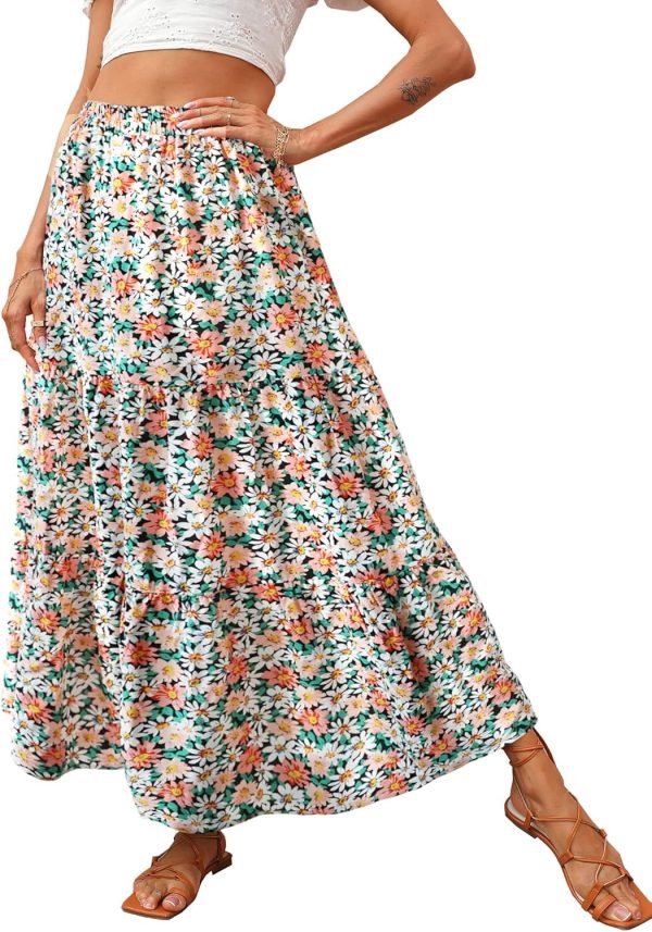 Saonta  Womens 2024 Spring Summer High Waist Boho Floral Maxi Skirt Casual Flowy Swing Pleated A Line Beach Long Skirts