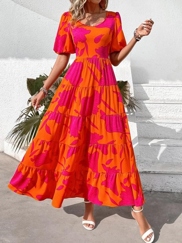 Saonta  Womens Dresses 2024 Puff Sleeve Floral Casual Summer Dresses Smocked Backless Beach Flowy Tiered Maxi Dress